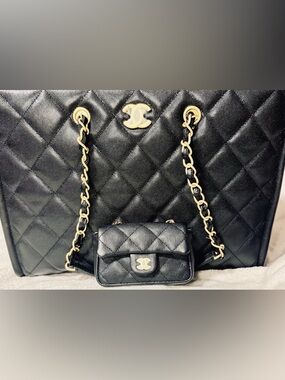 CHANEL Black Caviar Leather Tote with Gold HDW & Chain Strap Mini bag Charm